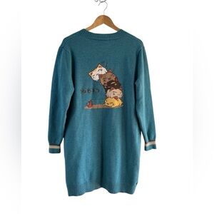 Quirky Teal Cat Graphic Cardigan Knit Sweater FM2050 size S/M